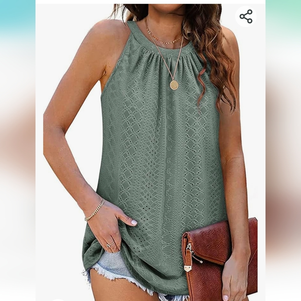 Zwurew loose fit high neck Sleeveless halter top, pleated eyelet summer shirt